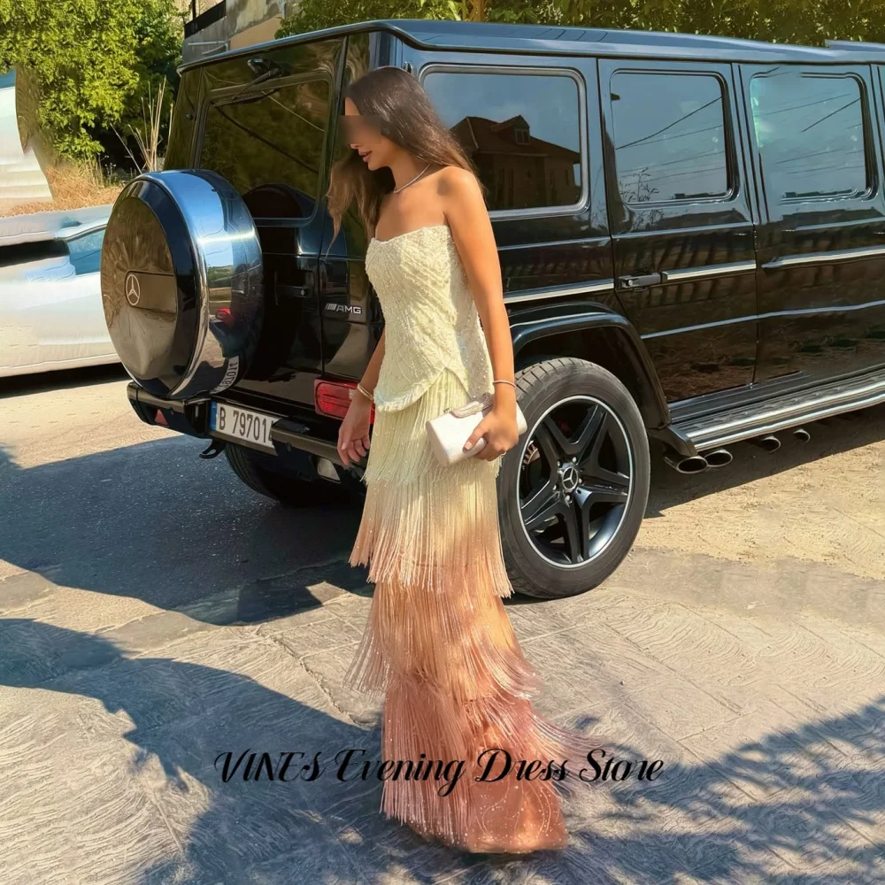 VINES Cream Yellow Peach Gradient Strapless Mermaid Prom Dress Beaded Bodice Peplum Tiered Fringe Evening Gown Formal Customized