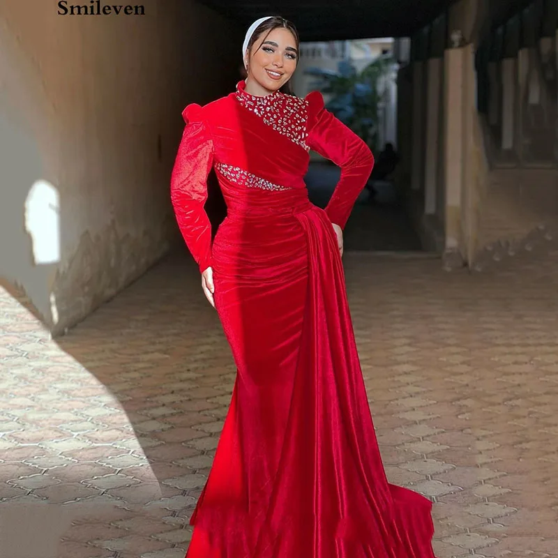 

Smileven Red Velour Moroccan caftan Formal Evening Dresse High Neck Long Sleevees High Neck Beading Women Prom Party Gowns 2024