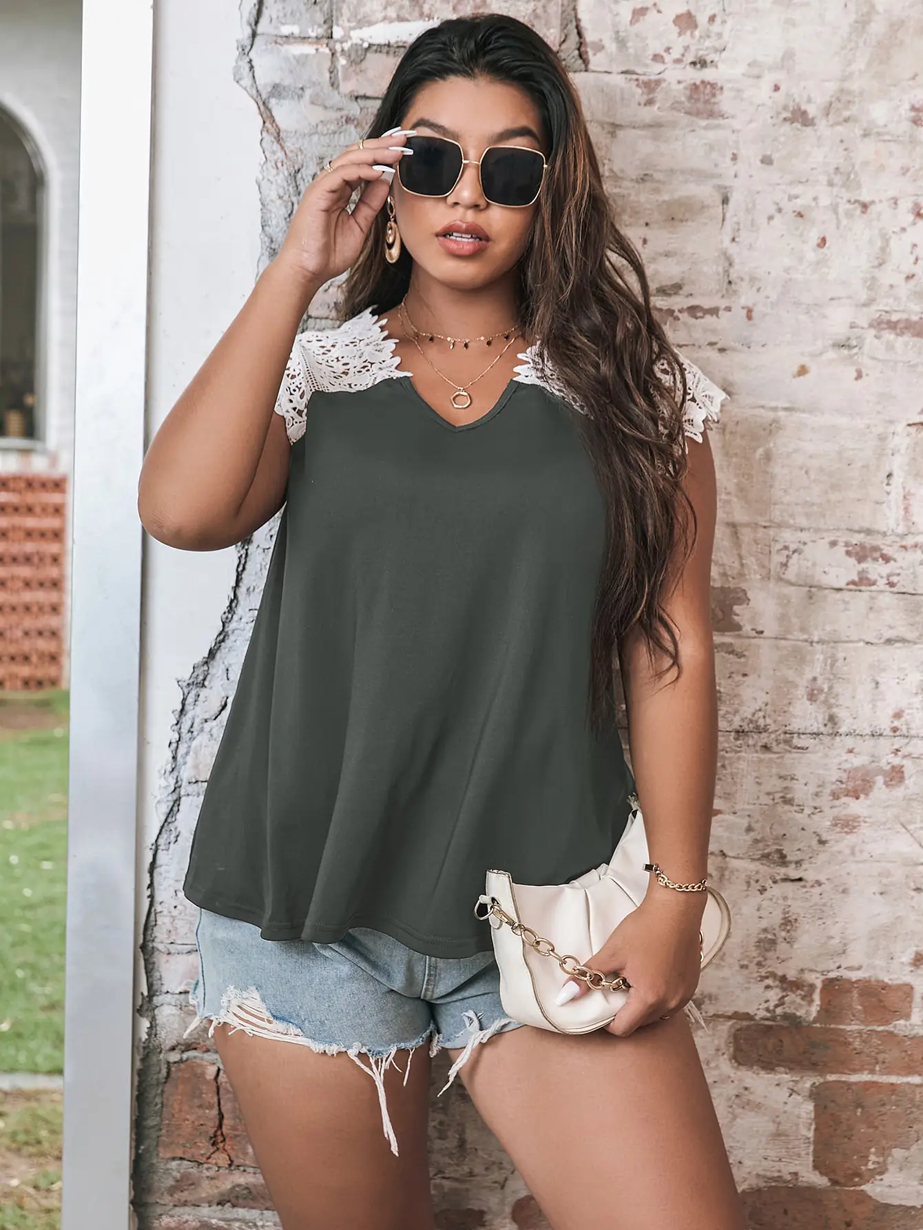 

Finjani Women's T-shirts Plus Size Grey Loose Tee 2022 Breathable Lace Sleeve Top Blouses