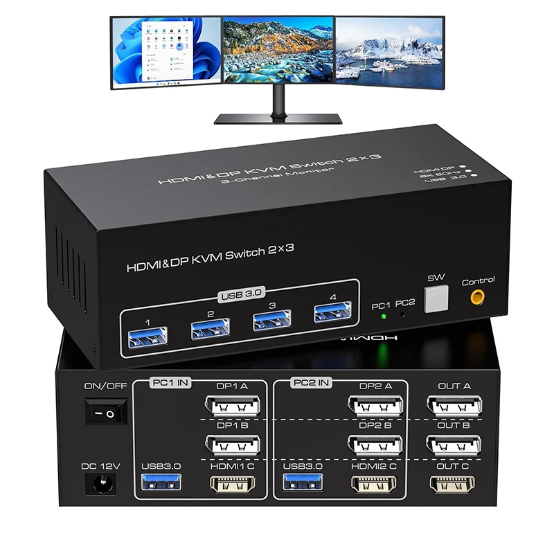 

8K HDMI and 2 Displayport KVM Switch 3 Monitors 2 Computers DP 1.4 Display Port for 2 PC or Laptops Share Triple Monitor