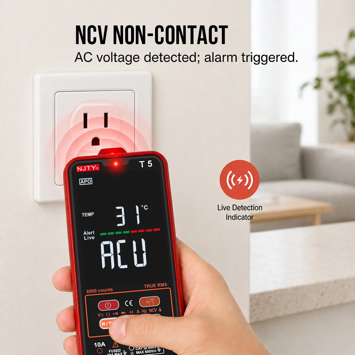 T5 Smart Digital-Multimeter mit Farbdisplay, 6000 Zählungen, True RMS, automatische Bereichswahl, AC/DC-Spannung, Strom, Widerstand, NCV, Temperaturmessgerät – Detail 2
