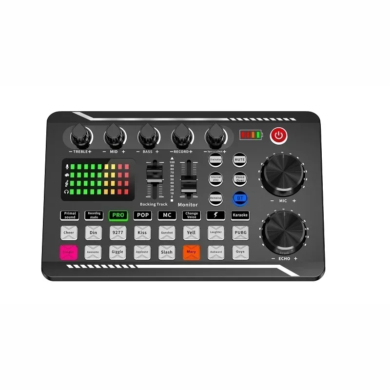 F998 Live geluidskaart en audio-interface met DJ Mixer-effecten en stemwisselaar, Bluetooth Stereo Audio Mixer, voor YouTube Stream