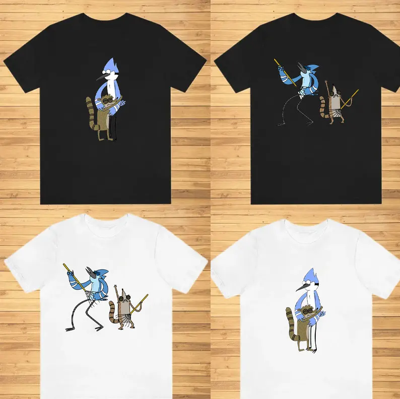 تي شيرت كارتون Mordecai and Rigby العادي تي شيرت برسومات شخصيات كلاسيكية للجنسين ملابس قطنية برنامج تلفزيوني بضائع هدية