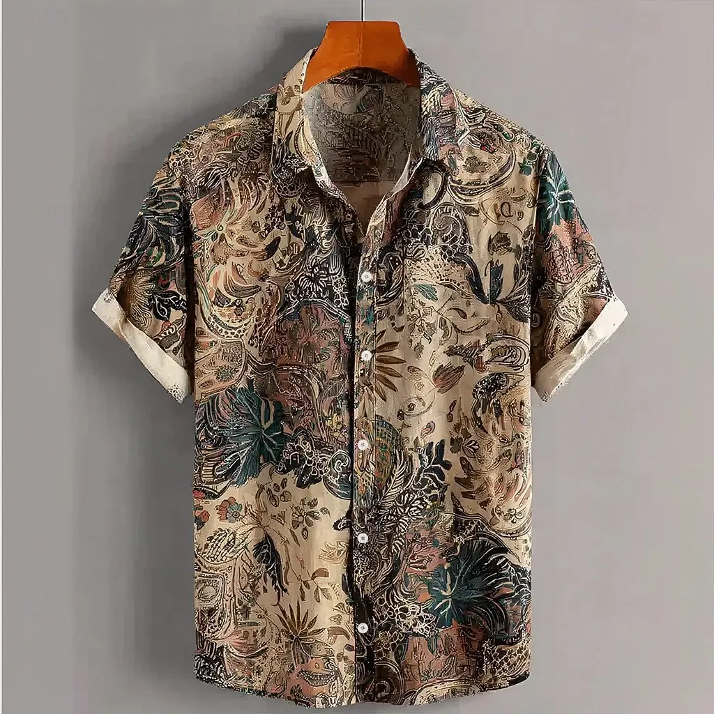 Men's Turndown Short Sleeve Bohemian Floral 3D Print Shirt, Vintage Retro Casual Holiday Tops Blue Purple Khaki Spring Summer
