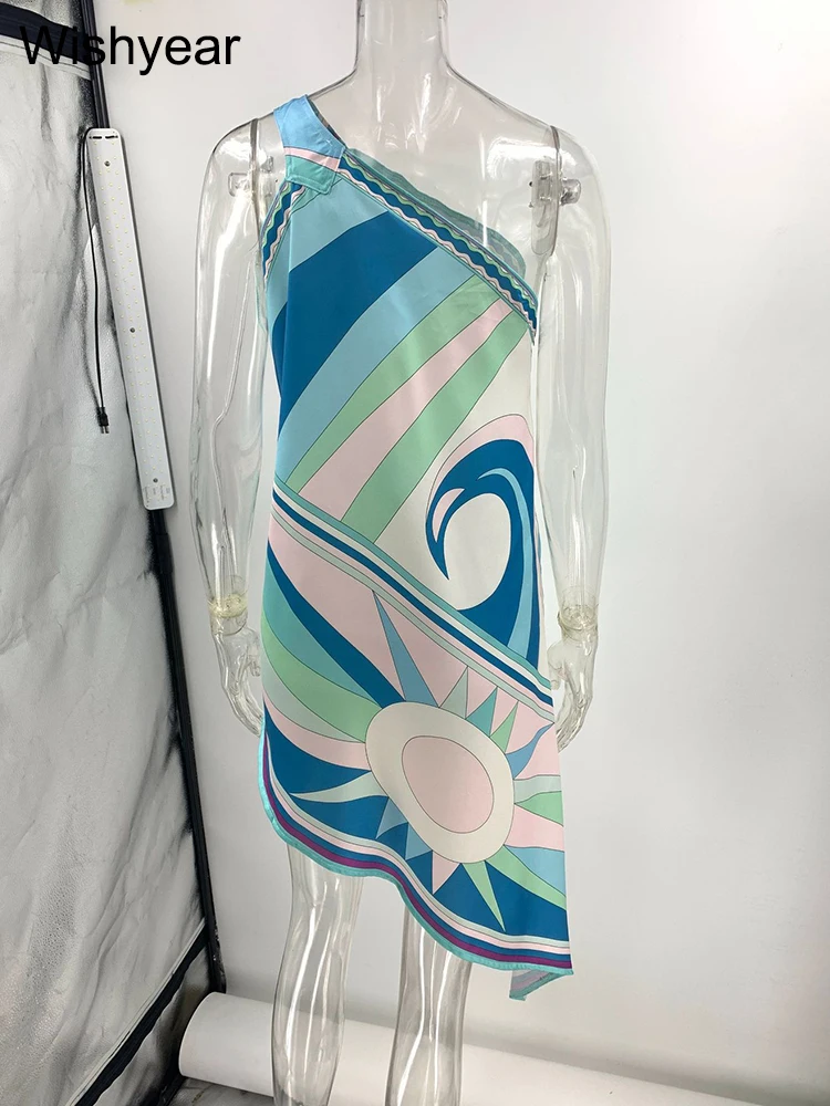 فستان Wishyear نسائي مثير بكتف واحد من الساتان بدون أكمام أنيق مطبوع بدون ظهر فضفاض متوسط الطول لحفلات الشاطئ الأفريقية