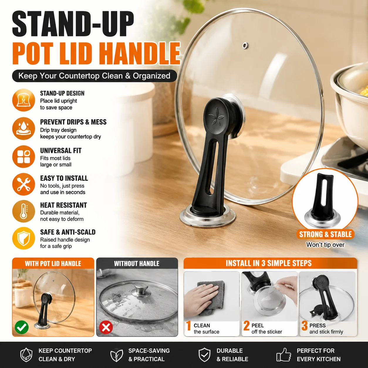 Universal Pot Lid Handle Stand Up Holder Space Saving Kitchen Lid Rack Drip Free Design for Home Cooking Pan Cover Organizer