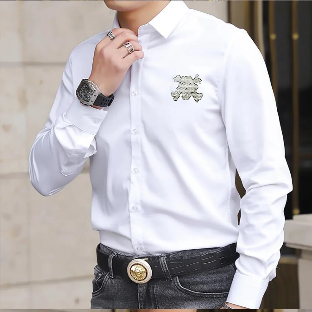 Top Sale Men Rhinestone Shirt  Long Sleeve  Streetwear Casual  Autumn Button Asian Size M-4XL  Drop Shipping  090