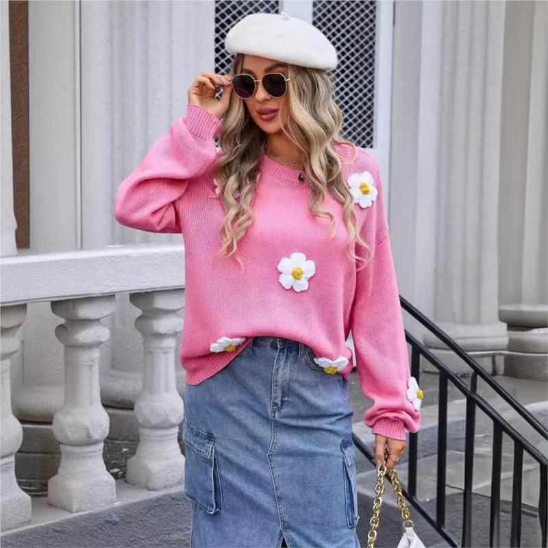 

Flower Women's Knitted Sweater Autumn And Winter New Round Neck Pullover Long Sleeved Hook Flower Knitted Sweater For Women 2024