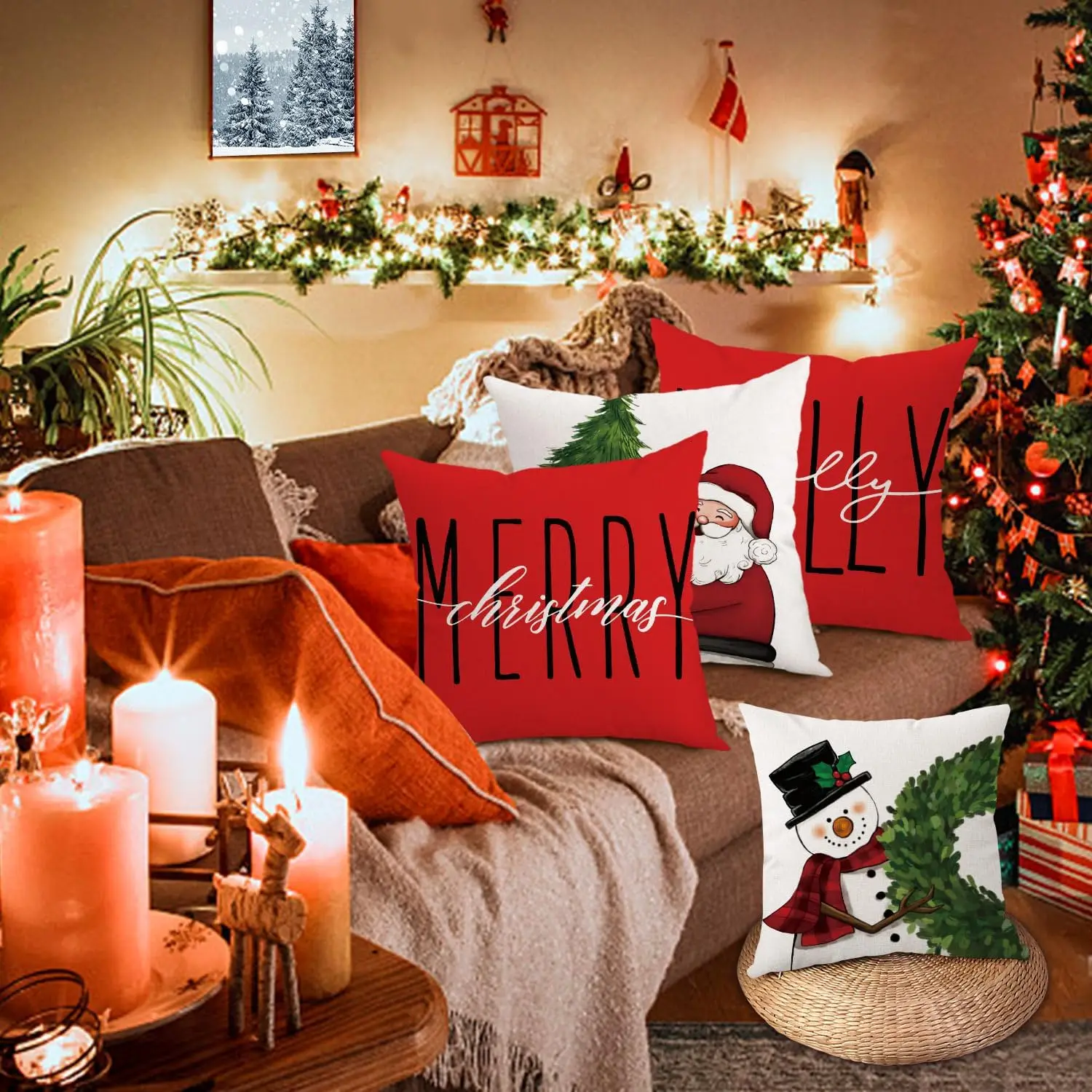 Double Sided Red Christmas Pillow Covers Set Of 4, Snowman Santa Claus Holly Jolly Winter Holiday Cushion Cases For Sofa Couch