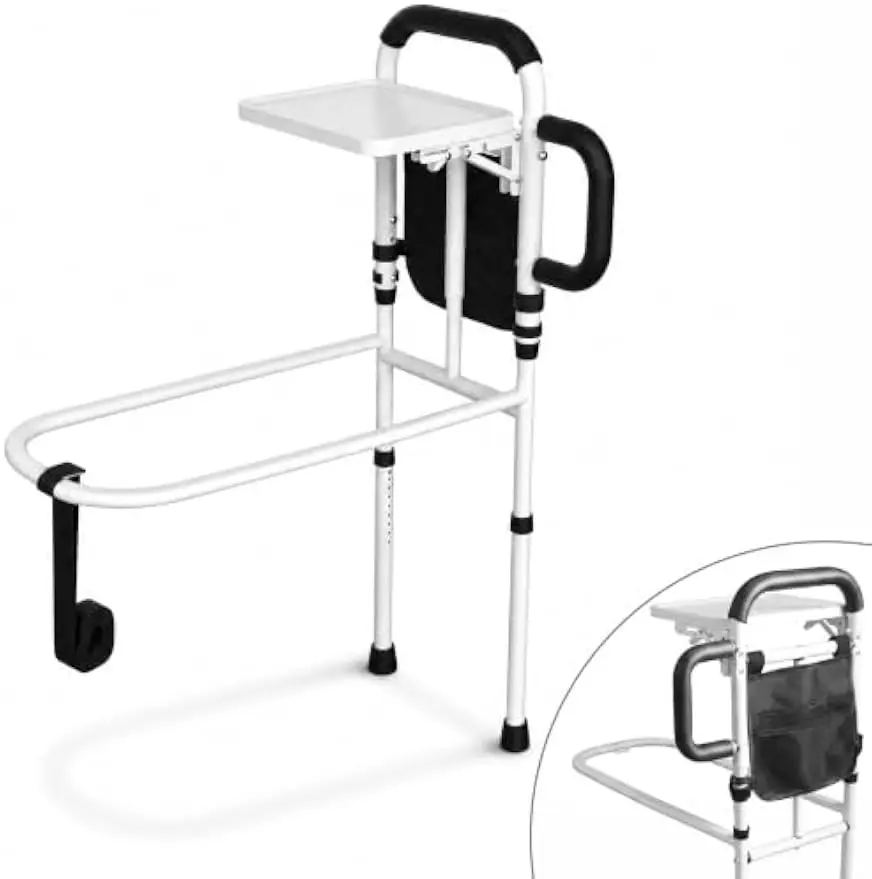 Bed Rail for Elderly Adults Safety, ASTM Approved Bed Assist Rail with Adjustable Height, 3 Non-Slip Handles, Foldable Tray & Storage Pocket, 400LBS Support, Fits King, Queen, Full, Twin Bed