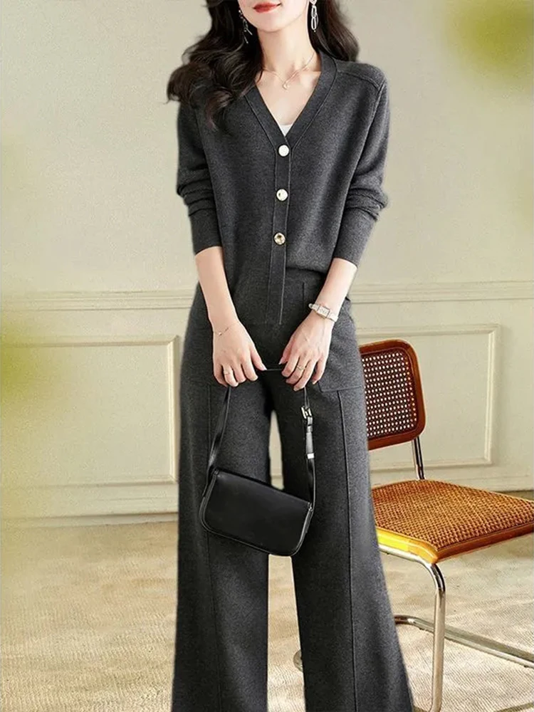 Elegant Grey Women Sweater 2 Piece Set Casual Single Breasted Sueter Cardigan Conjunto Baggy Wide Leg Knitwear Pant Ensembles