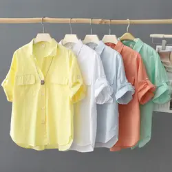 Turn-down Neck Pink Solid Short Sleeved Loose Shirt And Blouse Clothes Top Casual Single Breasted Spring Simple OL Outerwear New