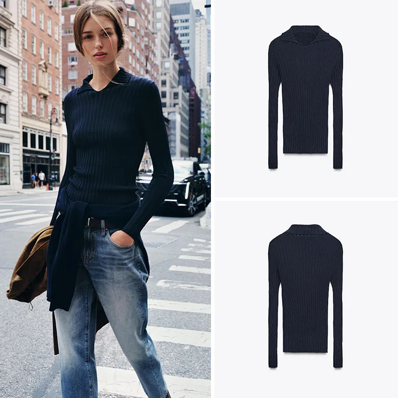 

Winter New Women's Slim Fit Long Sve Knitted irt Ne Top ZA2025 Faionable Ele Sle for Young Girls