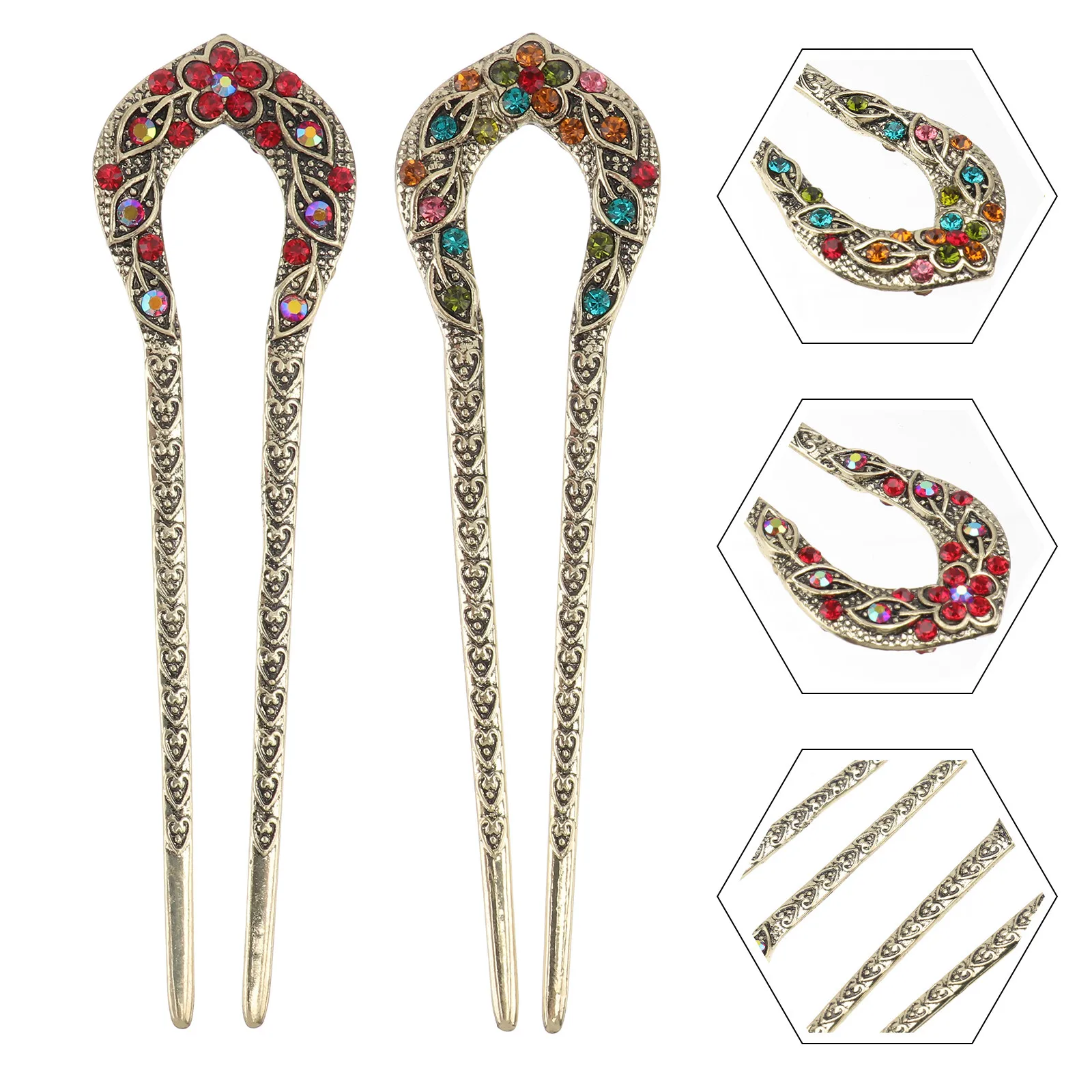 

2Pcs U Shape Hair Stick Vintage Double Prong Rhinestone Inlaid Alloy Hairpin Elegant Design for Women Hair Styling Accessory