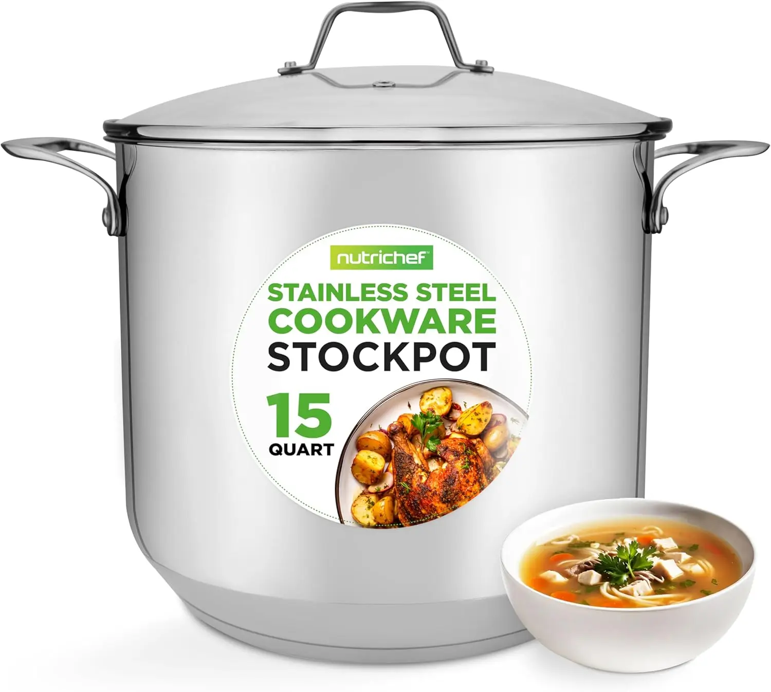 

15-Quart Stainless Steel Stock Pot with Glass Lid, Induction Compatible for Soups and Stews, Dishwasher Safe