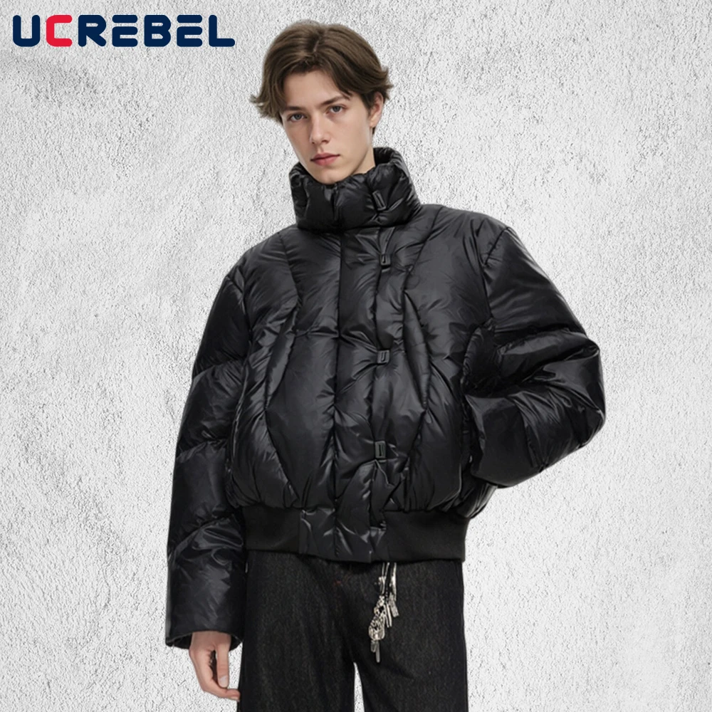 

Solid Color Spliced Down Jacket Mens Winter Warm Retro High Street Loose Long Sleeve Bread Jacket Man Thick Outerwear