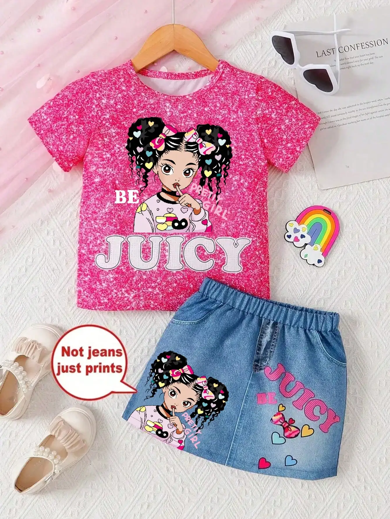 Cute Portrait Printed Short Sleeve T-Shirt And Synthetic Denim Skirt Elastic Fabric Daily Travel Suitable Outfit