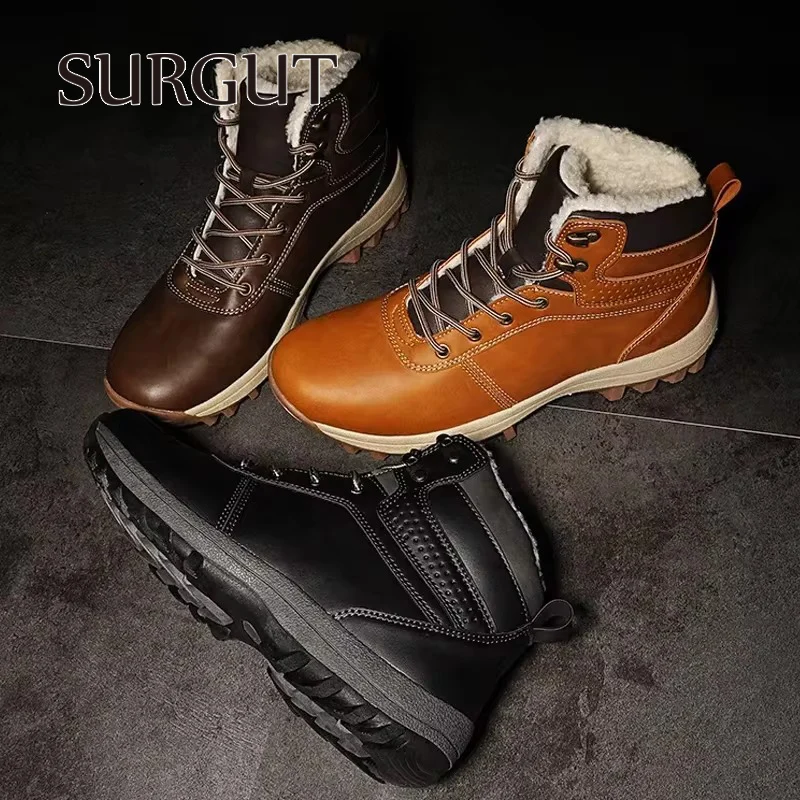 SURGUT Men Boots Split Leather Lace-up Men Shoes High Quality Vintage British Snow Boots Autumn Winter Men Casual Ankle Boots