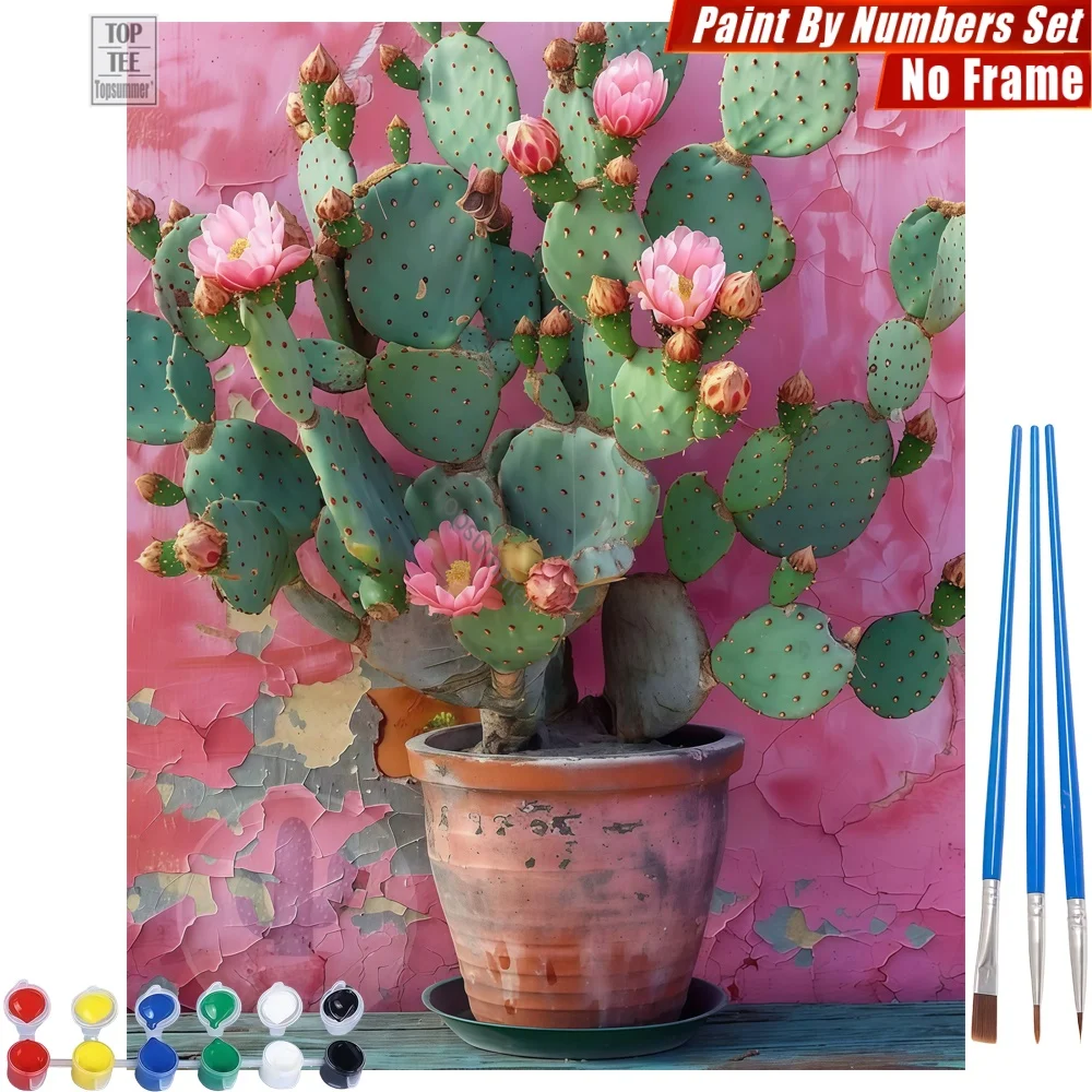 Kit de pintura al óleo digital DIY de cactus rosa en maceta - Arte abstracto de pared de cactus rosa en maceta, regalo del Día de Acción de Gracias para un amigo