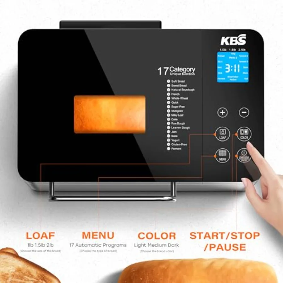 Bread maker for home baking, stainless steel body with ceramic pan, black color, 17-in-1 smart functions including automatic nu