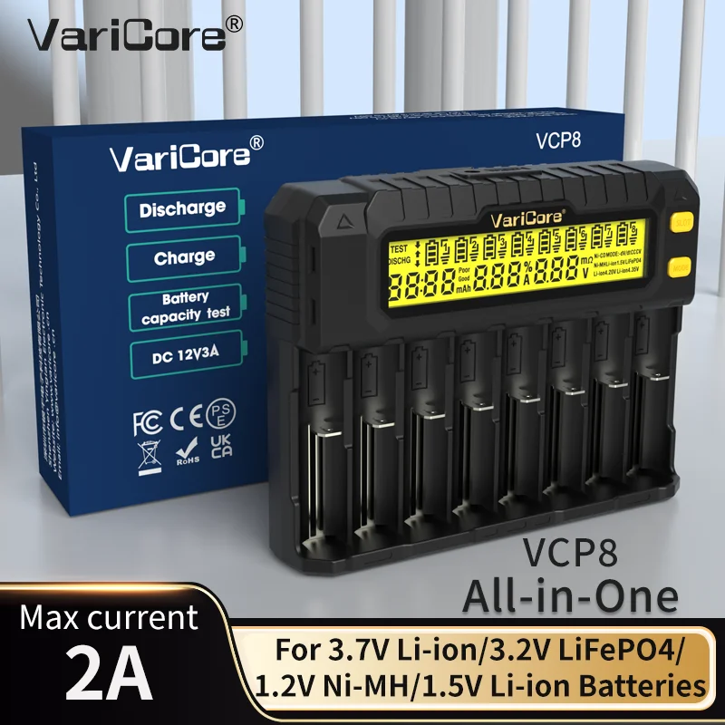 

VCP8 LCD 8-slots Smart Battery Charger Test Capacity for 3.7V 18650 21700 26650 18500 Li-ion 3.2V LiFePO4 32700 1.2v Ni-MH AA