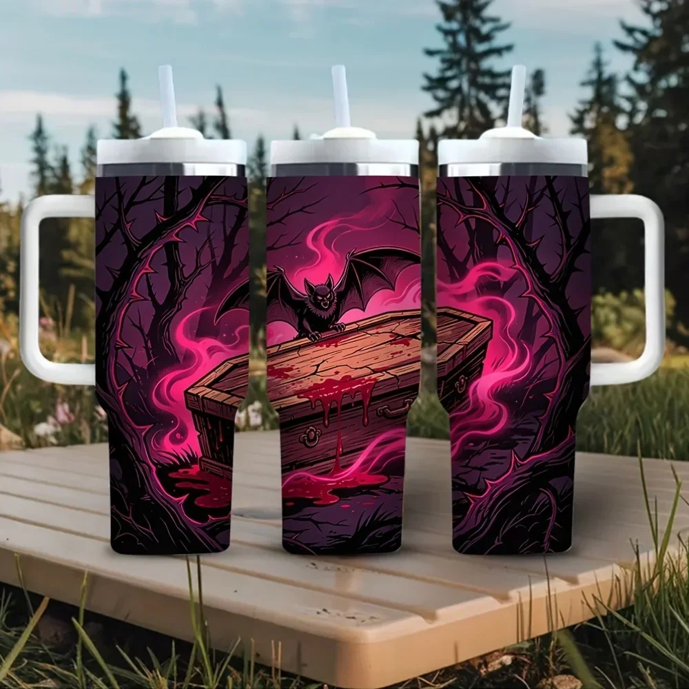 40Oz Tumbler with Handle, Spooky Bat Coffin Halloween Print, Suitable for Halloween Lovers, Fits Both Cold And Hot Drinks, Ideal for Daily Use And Outdoor Activities in Halloween Season