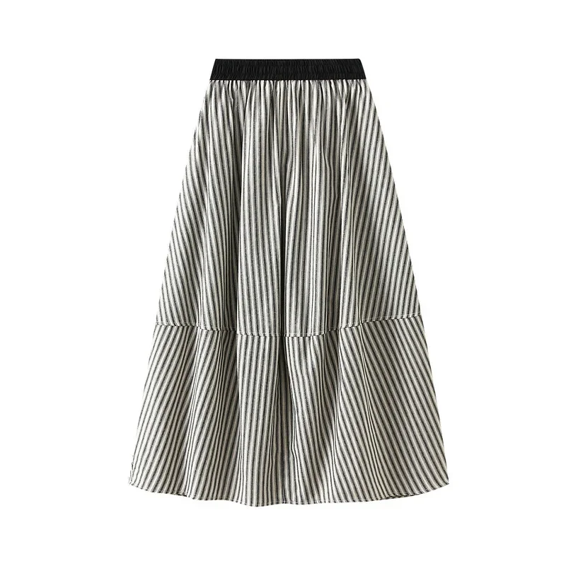 New In 2025 Spring Trendy Striped Lace Up High Waist A-line Medium Long Skirt Women Fashion Sweet Casual Elegant Skirts