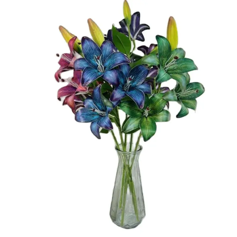 5pcs Faux Long Stem Autumn Lily 4 Heads Simulation Retro Color Lilium Green Leaf for Wedding Centerpieces