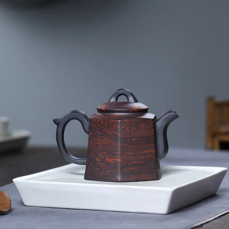 280cc Yixing aged purple clay master handmade purple clay teapot, twisted clay hexagonal teapot