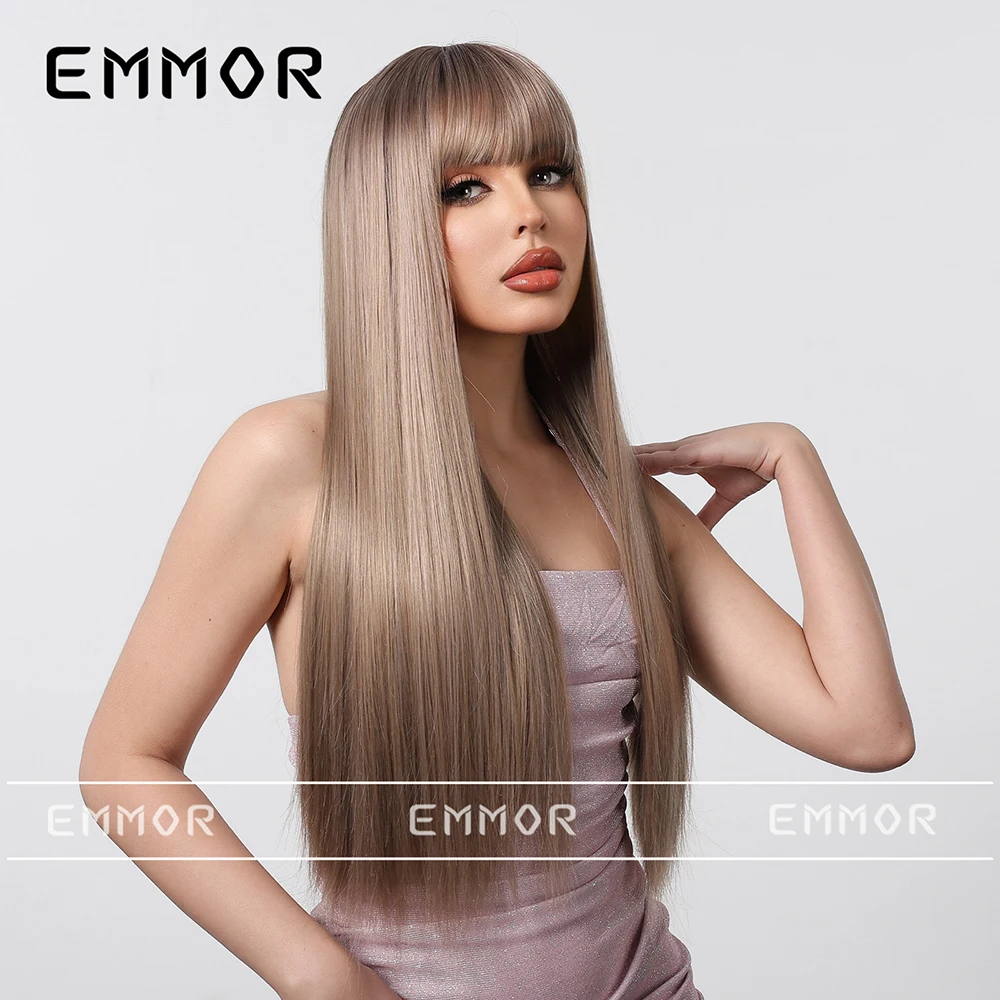 شعر مستعار بني شامبانيا، شعر أسود طويل مستقيم غطاء رأس كامل، شعر مستعار صناعي مع غرة، مناسب للنساء #1