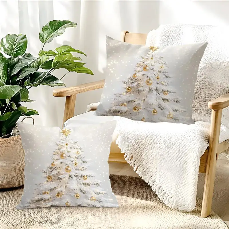 1pcs Golden Christmas Tree Pillowcase Square Bedroom Cushion Covers Zipper Chair Covers Living Room Comfortable Decor 45x45cm ﻿
