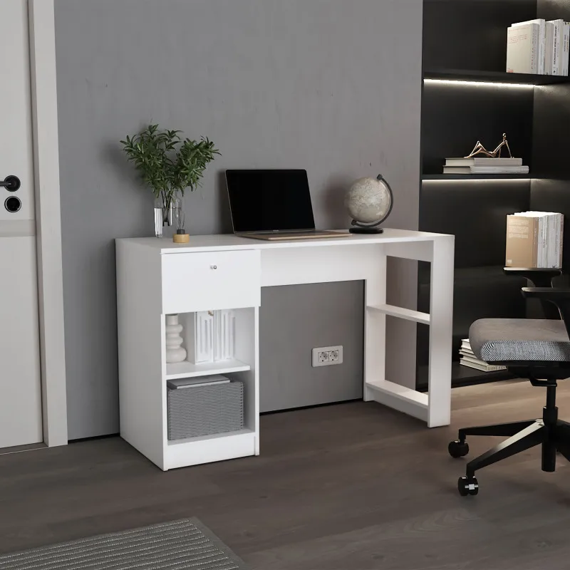 

120-Home 47" Wide One Drawer Desk , Four Shelves, Writting Desk, Gamer Desk, Home Office, Living Room White