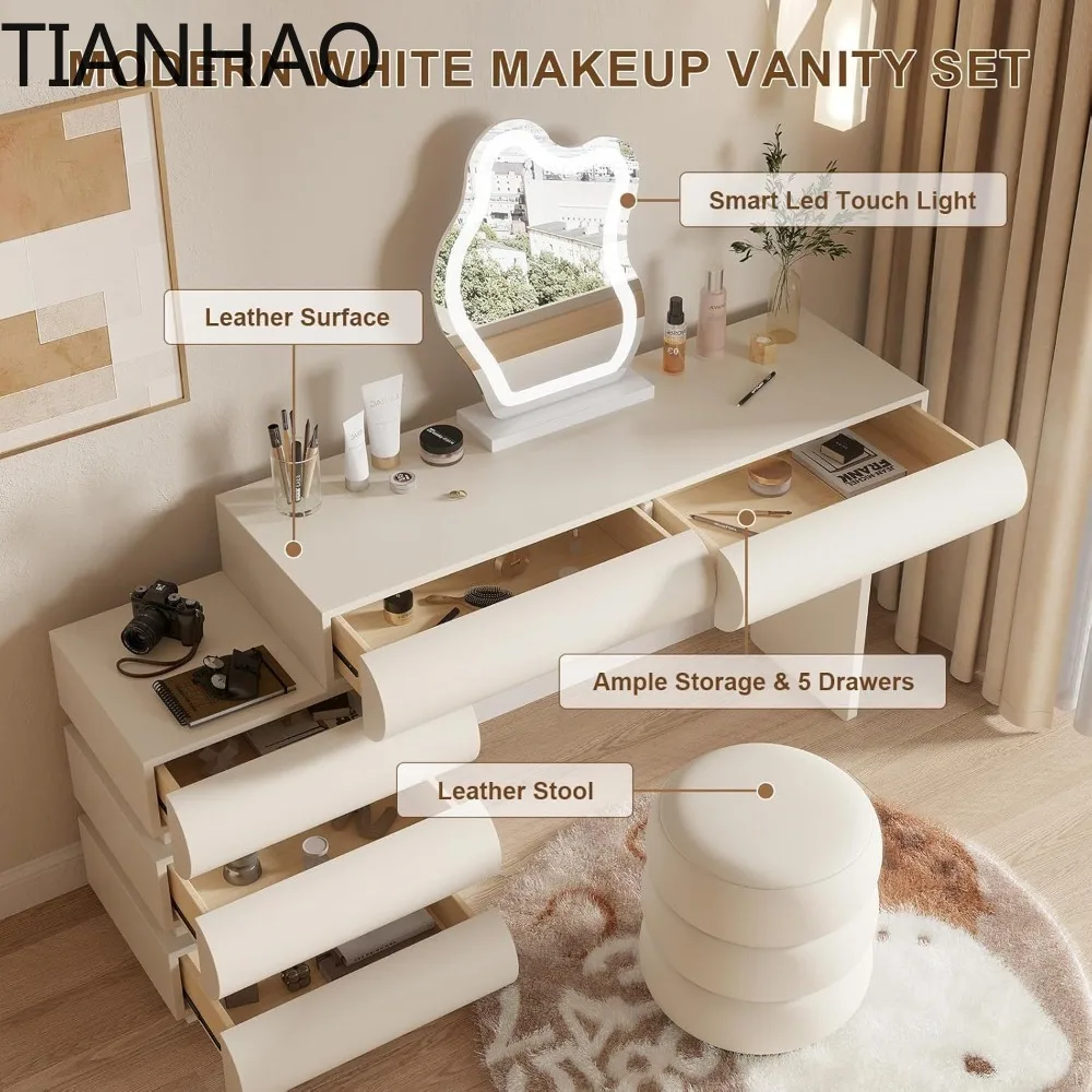 Makeup Vanity Desk with Lighted Mirror and Stool,Faux Leather Upholstered Finish,Modern Dressing Table with 5Drawers for Bedroom