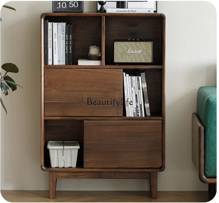 

North America Black Walnut Solid Wood Floor Bookcase Bookshelf Display Locker with Door