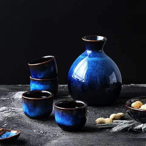 Japanese Sake Set Ceramic Blue Wine Cup Pot Tableware Retro Home Shochu Pot 1 Pot 4 Cups Set Tableware Barware Accessories