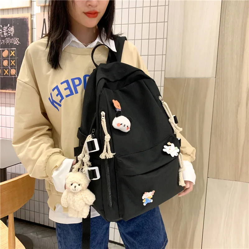 New Backpack with Cute Bear Plush Pendant and Cartoon Pins Large Capacity School Bag for Teen Girls Student Travel