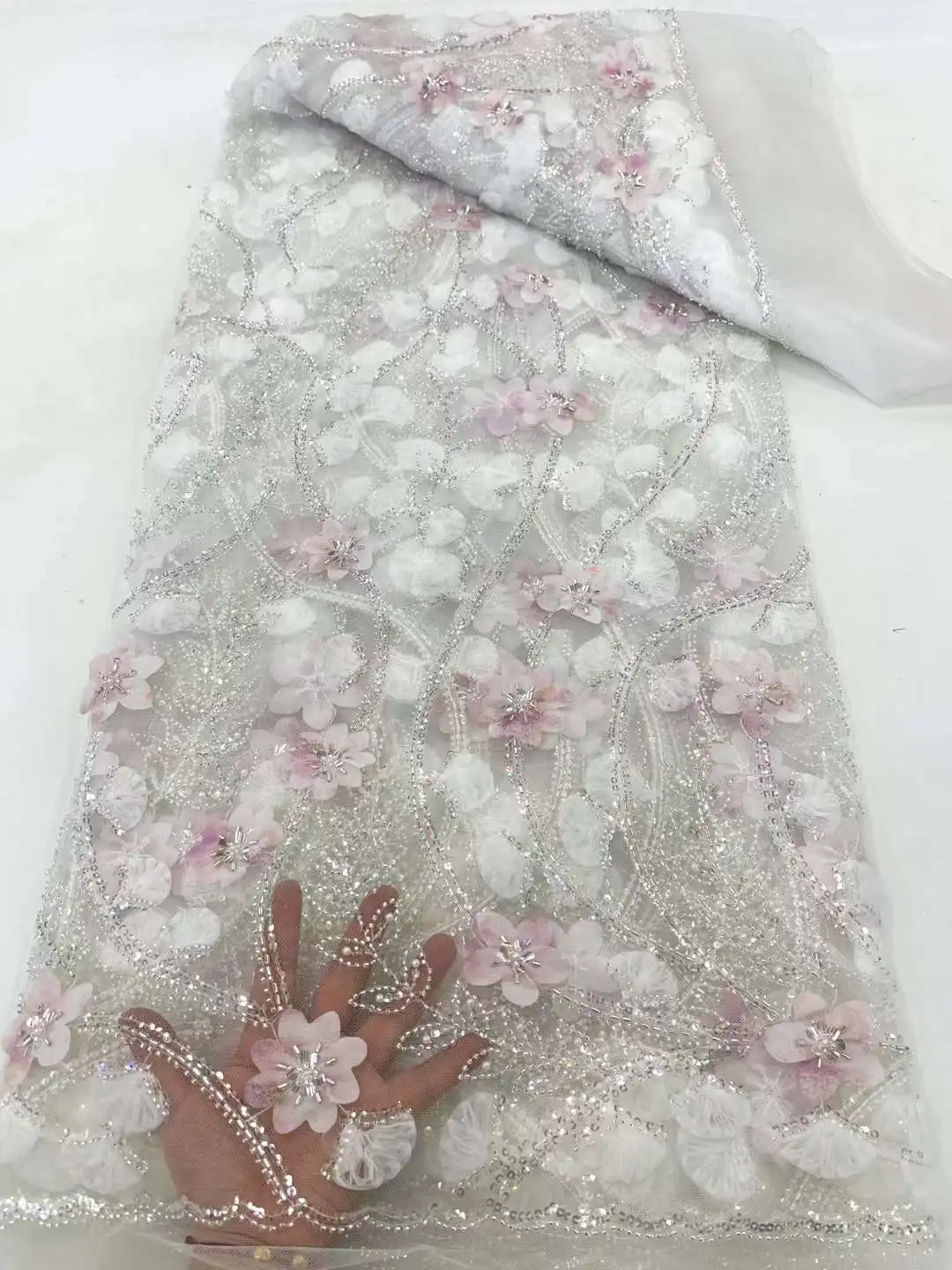 Tela de encaje de lentejuelas rosas para vestido de novia, Material de encaje de tul francés nigeriano, bordado de novio, alta calidad, 2024