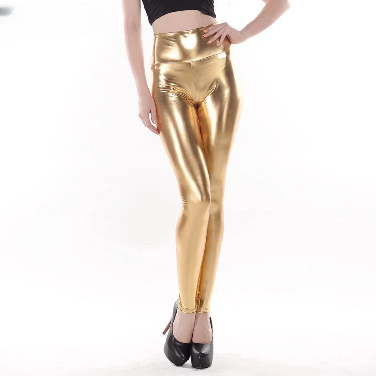 

Shiny PU Faux Leather Leggings Women Sexy Pencil Pants Sexy Leggins Gold/Silver Club Leggings Fitness Elastic High Waist