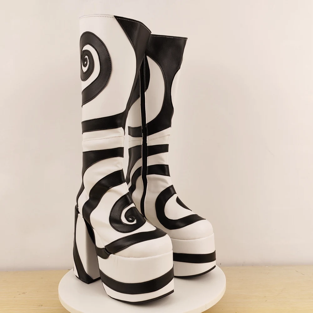

Colorblock Block Heel Platform Knee-High Boots Soft Leather Comfortable Long Botines Round-Toe Side Zipper Botas Femininas