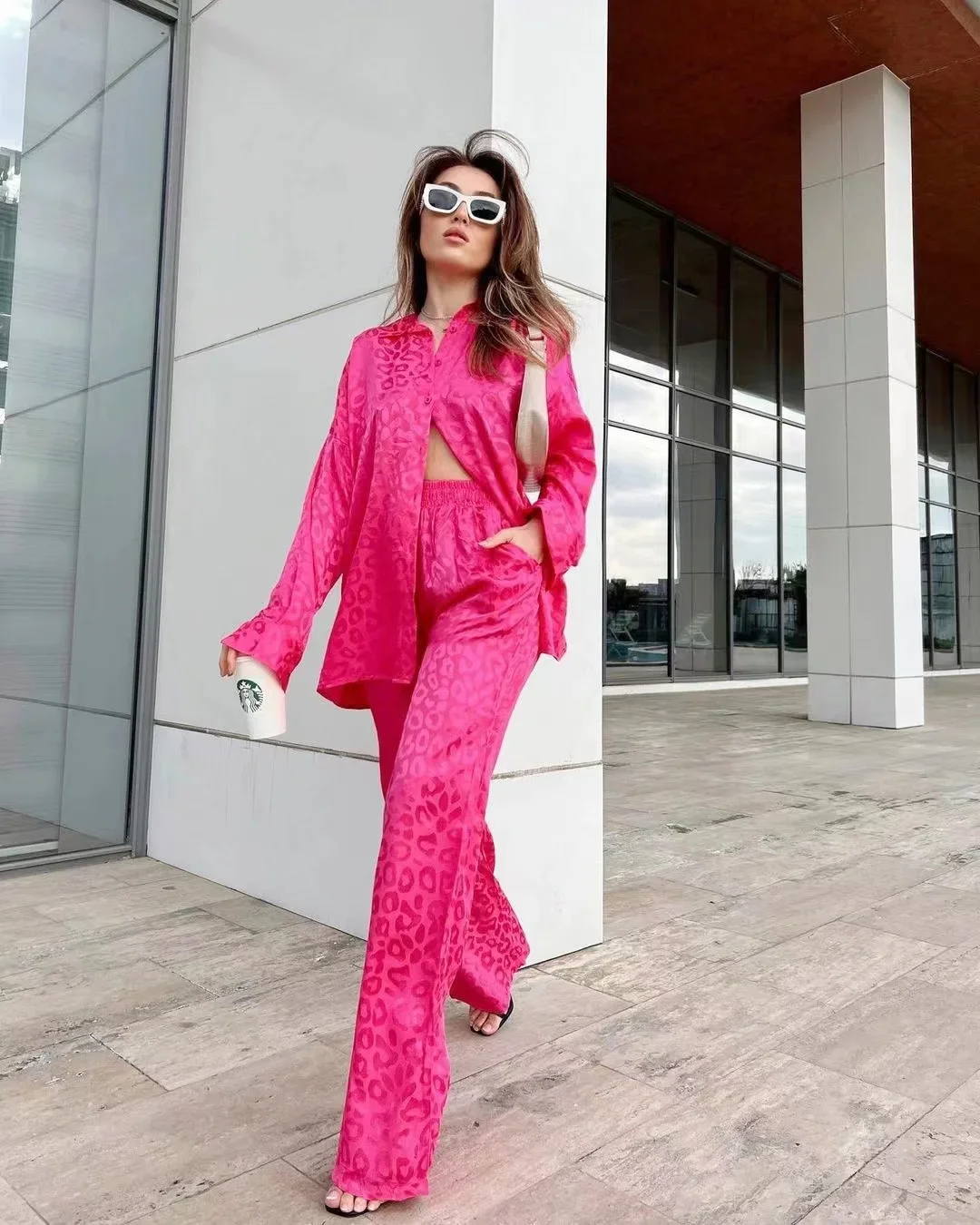 2024 Autumn White Satin Wide Leg Trousers Suit For Women Office Leopard Print Two-Piece Set Home Tracksuit Female Pajamas Sets