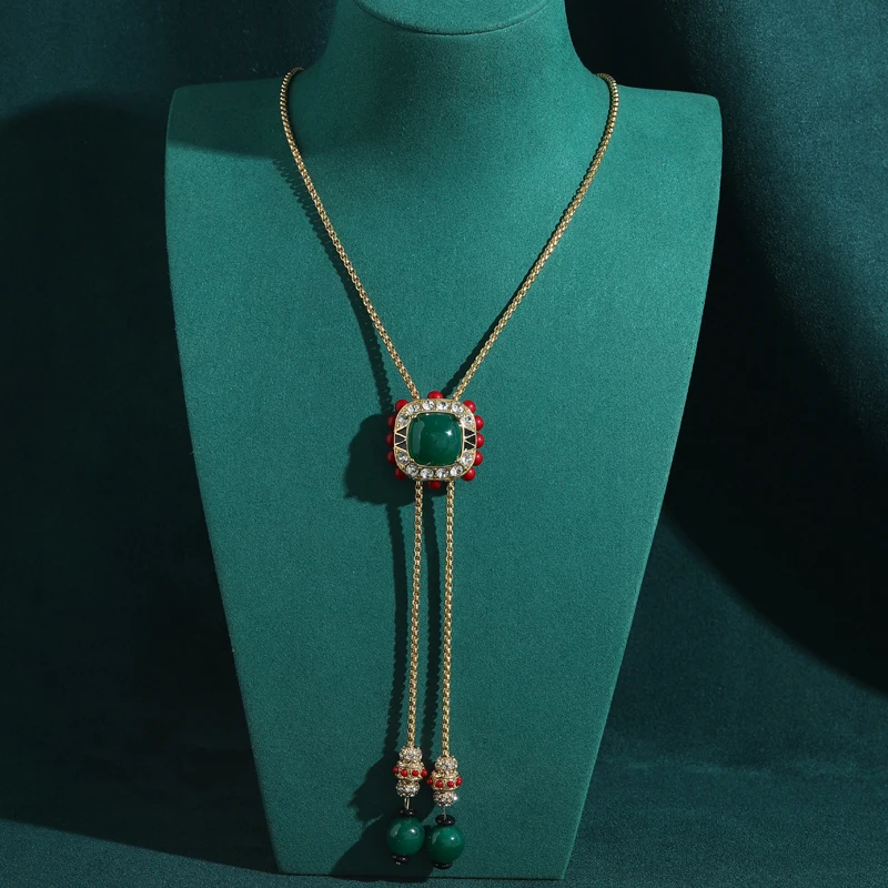

Vintage Square Green And Red Natural Stone Necklace Pendant Long gold color Jewelry 2026 New Arrivals For Woman Wedding Trends