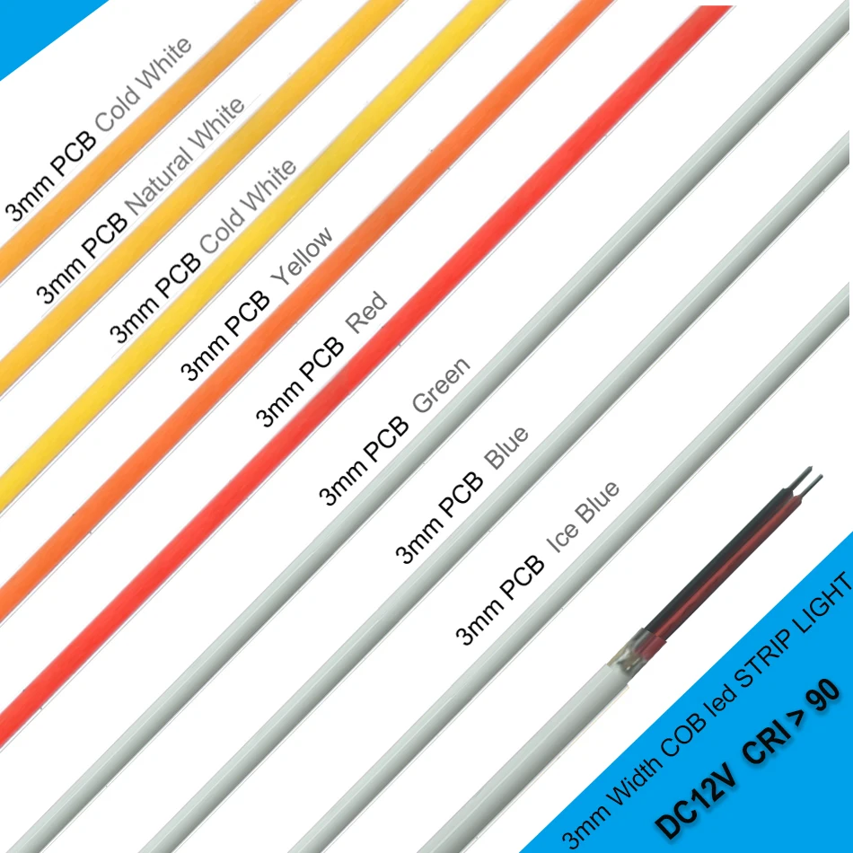 3mm PCB Ultra Thin DC12V 392LEDs/m COB LED Light Strip do wystroju domu Samochód DIY Niebieski/Zielony/Czerwony biały Taśma LED o dużej gęstości