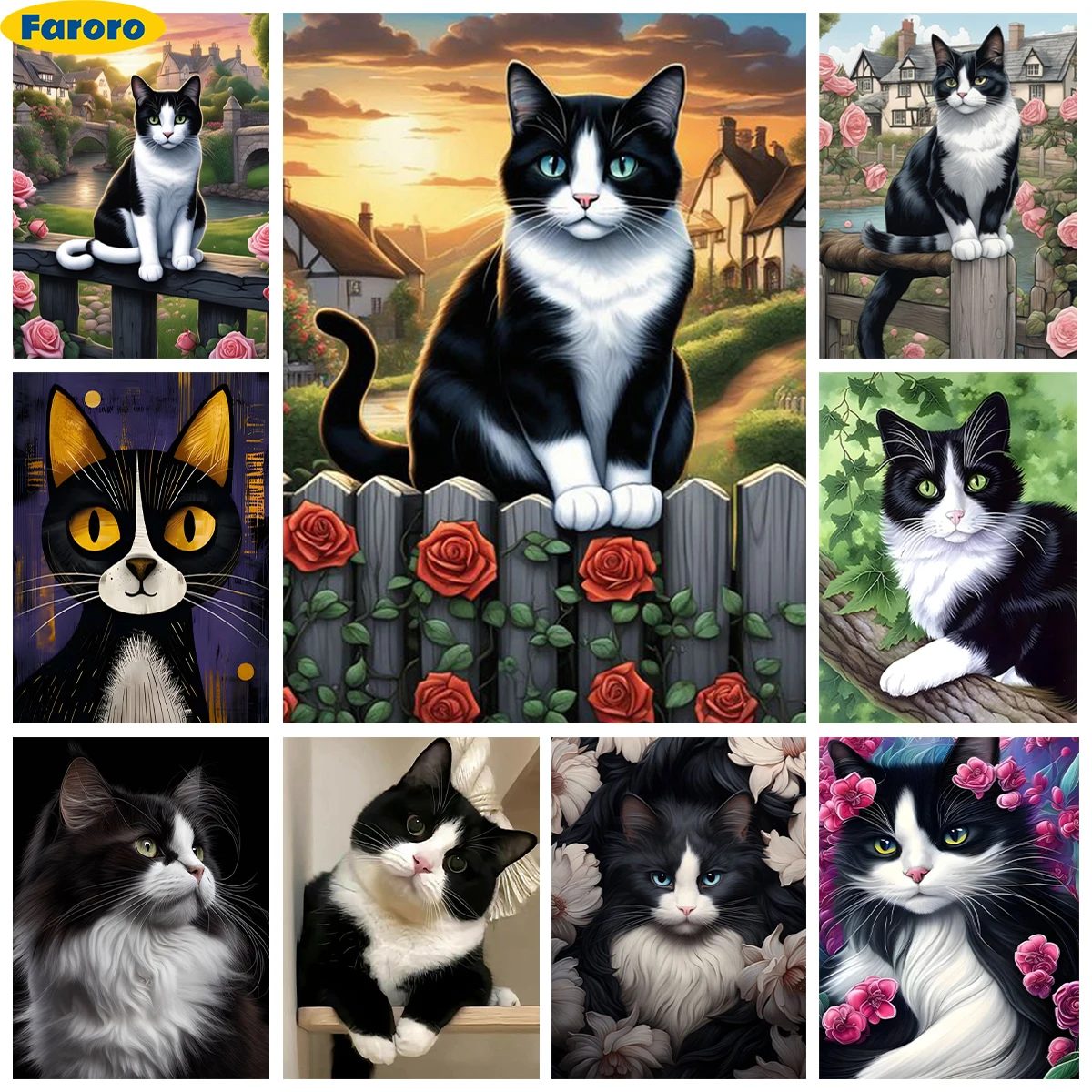 

Black And White Cat 5D Diamond Painting Dairy Cow Cat Portrait Diy Diamond Embroidery Cross Stitch Mosaic Mural Home Wall Decor