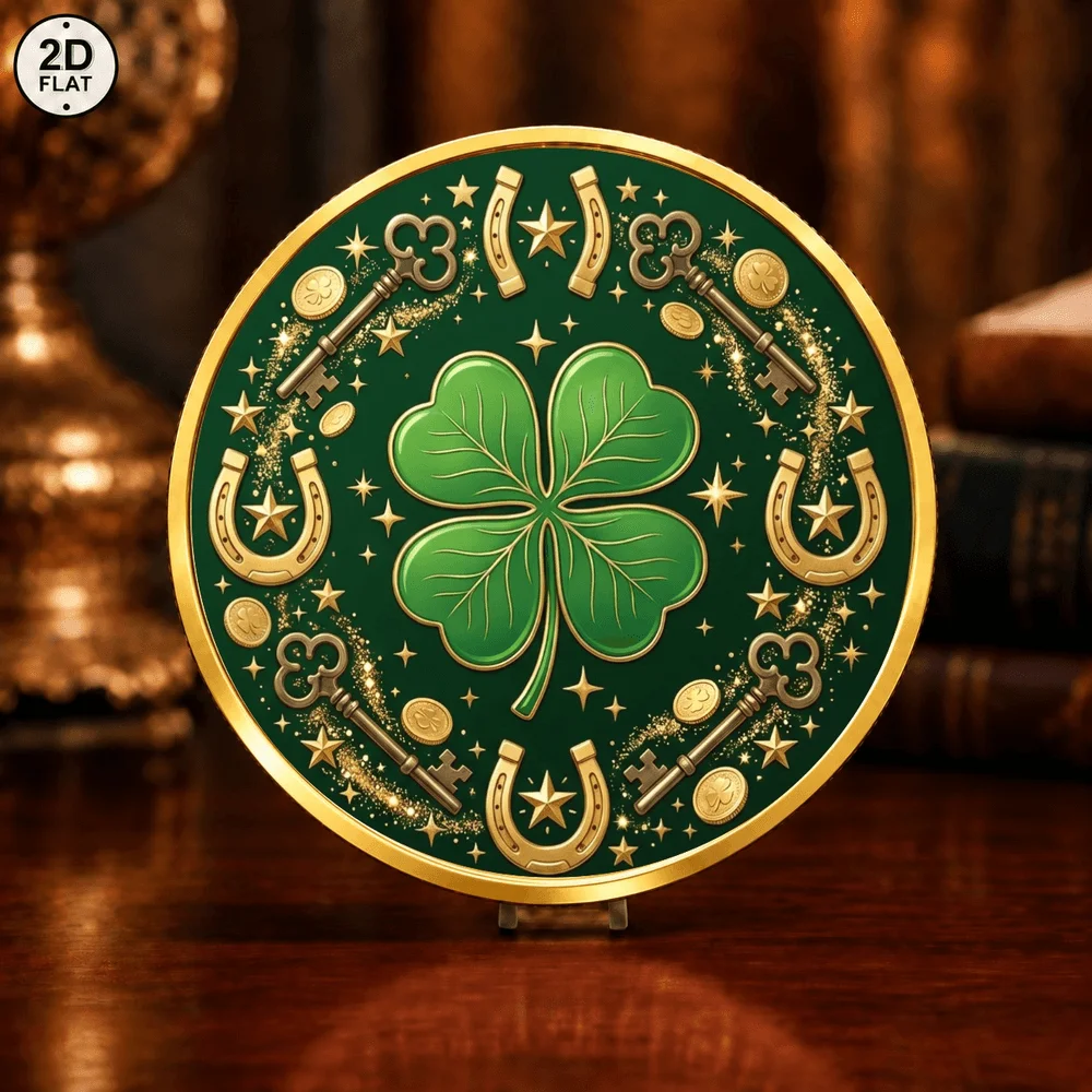 1pc Four Leaf Clover Lucky Challenge Coin UV Printed Horseshoe Key Commemorative Metal Medal Luck Fortune Prosperity Souvenir