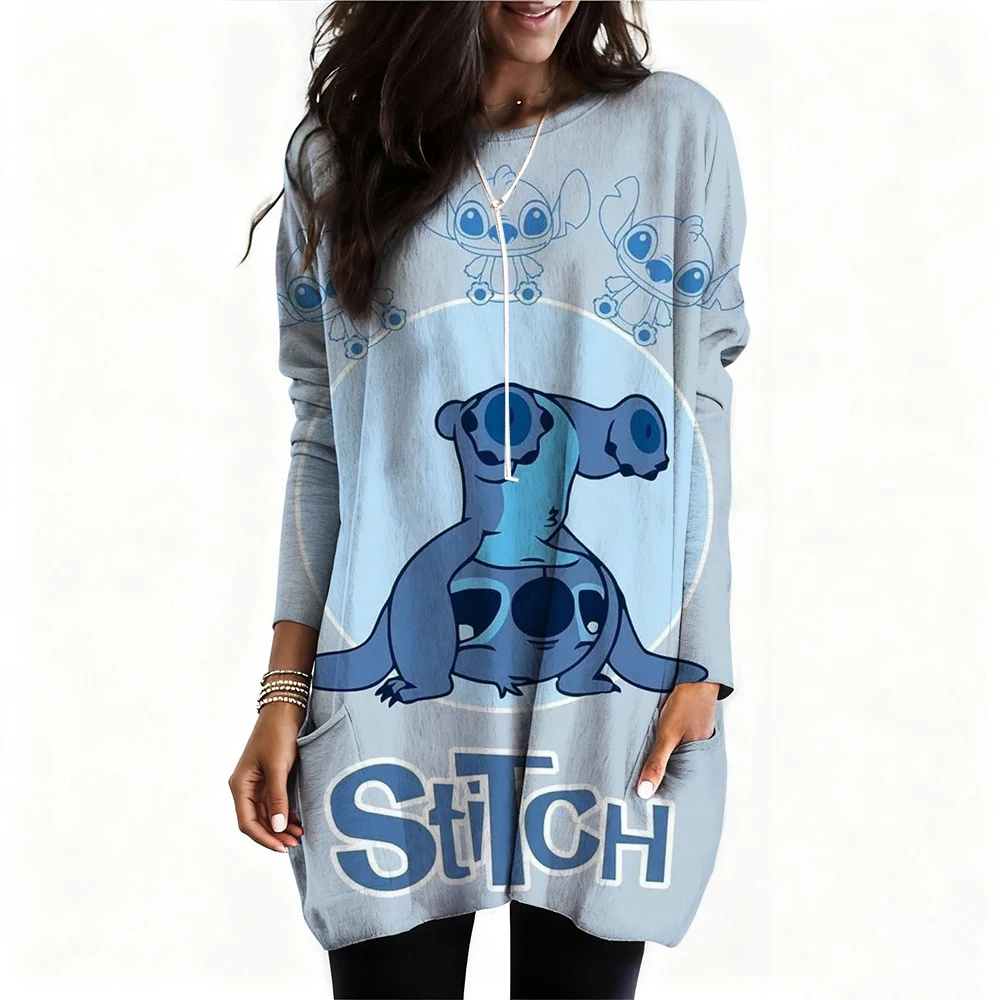 

Женская модная футболка с v-образным вырезом и длинными рукавами больших размеров с принтом Disney Stitch, женская повседневная простая футболка