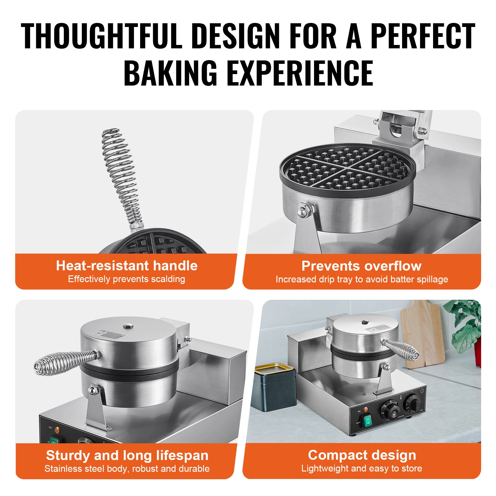 SucceBuy Commercial Waffle Maker Round Waffle Baker Machine Non-Stick Stainless Steel Belgian Waffle for Bakery Snack Bar
