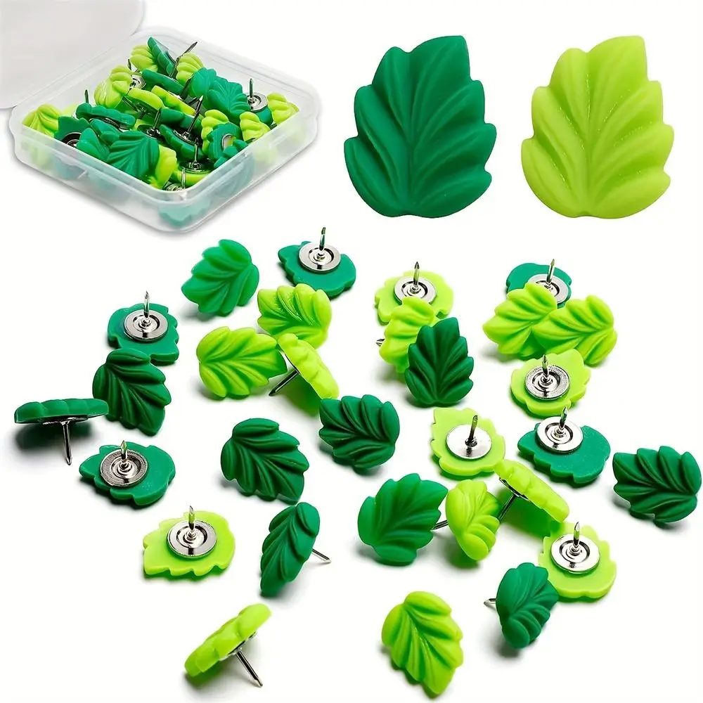50pcs Green Leaves Shape Plastic Colored Metal Push Pins Thumbtacks Map Pin Pushpin For Art Photo Message Wall Thumb Tack