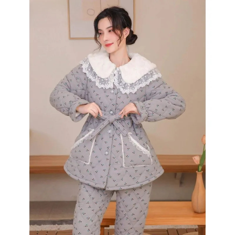 Women's Winter Lace Collar Small Floral Print Slimming Three-layer Cotton-padded Thick Pajamas and Home Wear Can Be Worn Outside