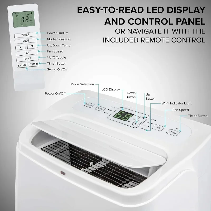 12,000 Btu Draagbare Airconditioner Wi-Fi Voor Kamers 3-In-1 Slimme App Controle Koelsysteem Ontvochtiger Afstandsbediening