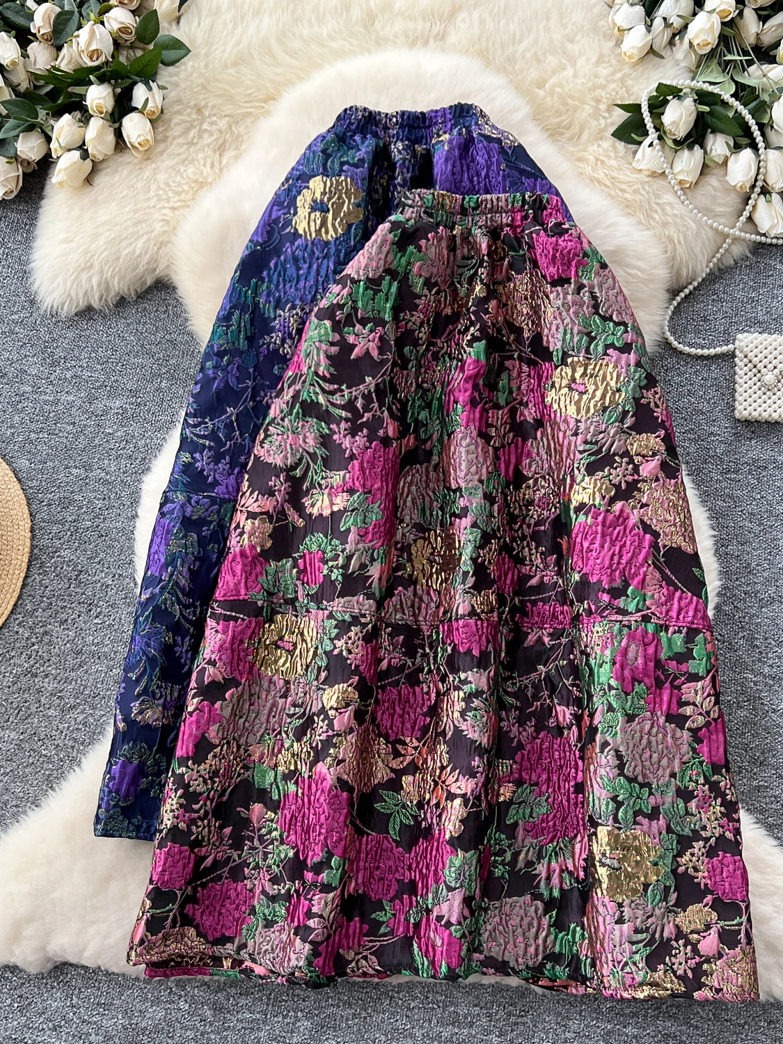 Retro Court Gold Emed Fluffy Midi Skirt Women's Autumn High Waist A-Line Skirt Slimming Versatile Ci Commute Sle